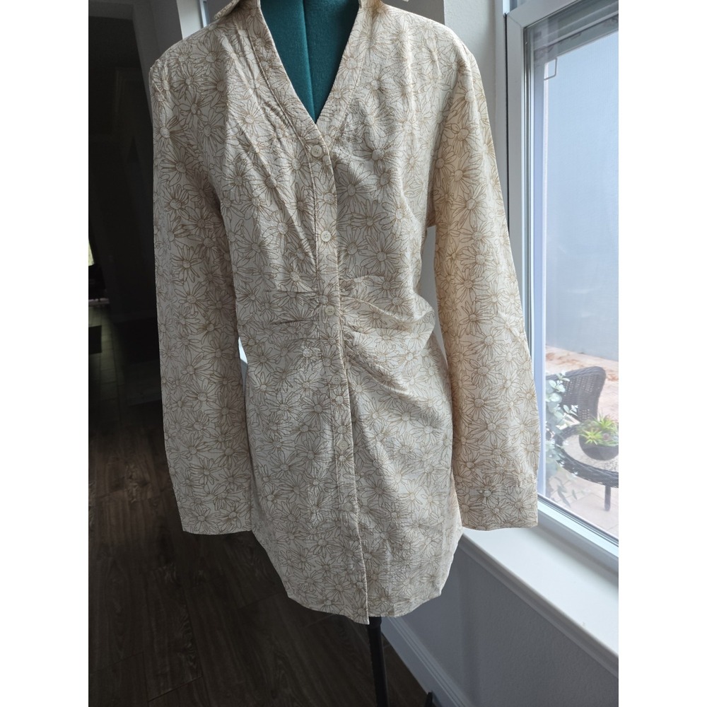 Kittenish Womens Lined shirt dress size large cream brown daisies ruched waist